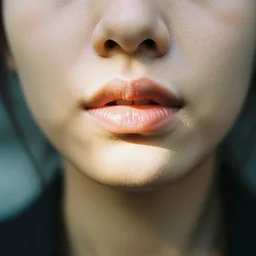 7 0 s street photography, close - up portrait, light shining on model lips, soft light, no focus