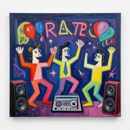 minimalistic. picasso, party, neon, colorful, party happy dancing characters, mixtape, loudspeakers, music, stunning, award, hdr, 8 k, artstation, winning masterpiece by marc simonetti, by moebius and basquiat, oil on canvas