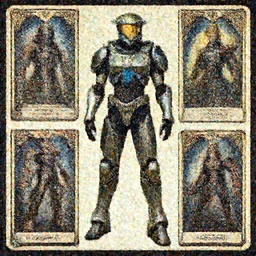 a mass effect halo costume design in a robot factory, concept art cyperpunk video game tarot card design with intricate details :: magic the gathering, blizzard concept artist, Sandra Chevrier and bastien lecouffe deharme