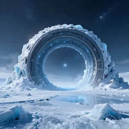 intergalactic stargate portal in the middle of a frozen tundra, with ice and snow all around it