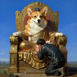 corgi dog as a buddha sitting on a glorious throne, a person bending knee front of him worshipping him, 1 7 th century, digital art, wet - on - wet technique, realistic, expressive emotions, intricate textures, illusionistic detail, peter mohrbacher, epic, artstation, vivid sky, junji ito, detailed hands, detailed faces,