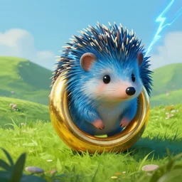 ( ( ( ( a cute blue hedgehog with gold large ring and blue lightning in beautiful green hill. ) ) ) ), large gold ring!, blue fur, gold ring, beautiful green hill, extremely detailed, fantasy painting, by jean - baptiste monge!!!!