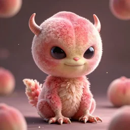 an alien with a face that looks like a fuzzy peach the peach is fuzzy pink warm and ripe the alien has horns and a mean smile the alien has chicken feet cruel smile puppy eyes, 4k, highly detailed, high quality, amazing, high particle effects, glowing, majestic, soft lighting, detailed background