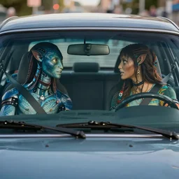 a stunning ultra detailed fine art photo of front view of car's windshield with a cyborg driver and na'vi passenger arguing inside, by tom bagshaw, artgerm and natalie shau, artstation, 8 k, cinematography by roger deakins, deep depth of field, highly coherent, front view of the car