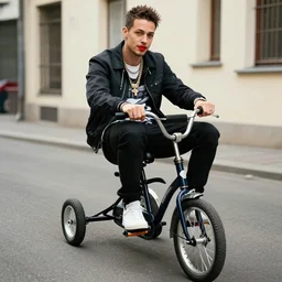 german rapper kollegah on a tricycle with lipstick