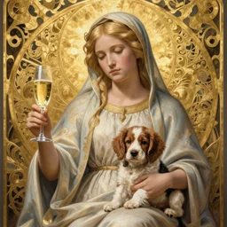 blonde madonna with glass of champagne in her hand and a spaniel puppy on her lap. bordeaux with a gold filigree background. art nouveau. masterful, detailed drawing