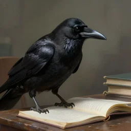 a crow studying, diffuse lighting, fantasy, highly detailed, photorealistic, digital painting, artstation, illustration, concept art, smooth, sharp focus, in the style of tom bagshaw