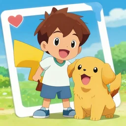 brown haired boy with golden retriever, pokemon, card, cartoon, happy, bright.
