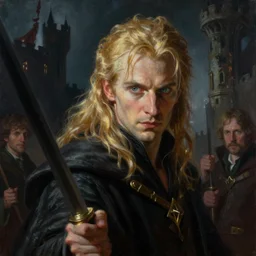 a highly detailed painting of a male sorcerer with blonde hair, piercing eyes in dimly lit castle setting, dynamic light, ambient light, art by artgerm and karol bak and mark brooks and michael whelan