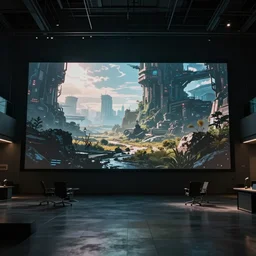stunning ominous spacious office with a giant screen, cyberpunk, sci fi, tadao ando, beautiful lighting