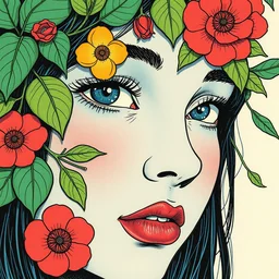 risograph grainy drawing protagonist face, pastel colors, with huge piersing, face covered with plants and flowers, by moebius and satisho kon, close - up portrait, perfect blue, paprika