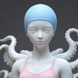 full head and shoulders, beautiful porcelain female person, smooth, delicate facial features, white eyes, white lashes, wearing a pale blue swimming cap and pale pink swimming costume, 3 d white large octopus tentacles by daniel arsham and james jean