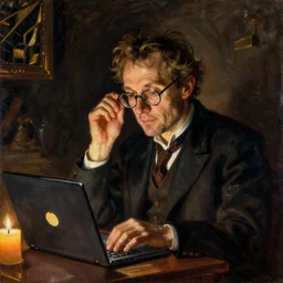 portrait of a man with glasses and laptop at candlelight. painting by jan van eyck, august sander