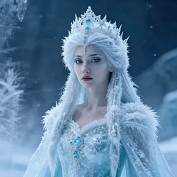 realistic photograph of ice queen covered in ice crystals, highly detailed,