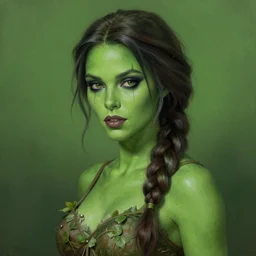 a stunningly matte painting of a beautiful alyson hannigan dressed as poison ivy with green skin and with hair tied in a braid, dark eyeliner, intricate, elegant, highly detailed, digital painting, artstation, concept art, sharp focus, illustration, art by greg rutkowski and alphonse mucha