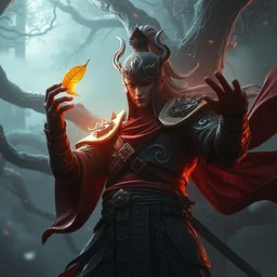 wide angle of a warrior grab a leaf from the tree : 6 character design : 2 midnight, illusion, stunning, breathtaking, majestic, asian fantasy, digital render, line art, unreal engine, de - noise, 8 k, volumetric lighting, symmetrical, pronounced features, detailed contrast, scattered mist, glow 3 d alejandro alvarez alena aenami