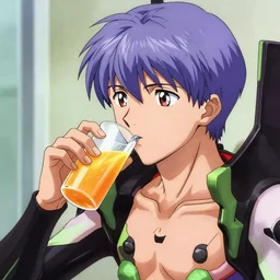 anime still of shinji ikari from evangelion drinking orange juice, 4 k, highly detailed
