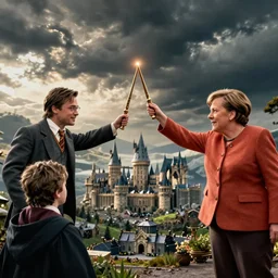 Brad Pitt and Angela Merkel having a wand battle while Harry is watching during the battle of Hogwarts, cinematic, very detailed, Artstation