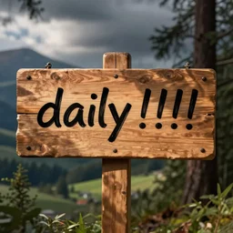a wooden sign that says daily!!!!!!!!!!!, marker, handwritten