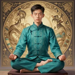boy asian, meditating in lotus position, teal uniform, intricate, elegant, highly detailed, artstation, sharp focus, illustration, ruan jia, mandy jurgens, rutkowski, mucha
