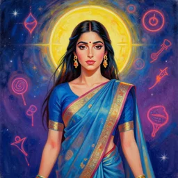 portrait of shohreh aghdashloo by mandy jurgens, dressed in a sari, cartoon, oil painting, visionary art, magic symbols, holy halo, neon ambient lighting, high detail, vibrant colors,