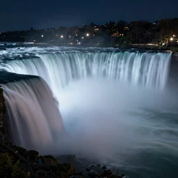 Niagara falls huge waterfall at night in the style of Thomas Cole and Ansel Adams