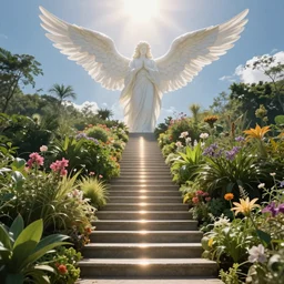 stairway to heaven, celestial, heavenly, light, celestial sky, angels, hyperdetailed, 8 k, 4 k, light reflection, vegetation, dense vegetation, flowers, plants,