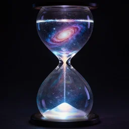 a large hour glass full of glowing liquid. the liquid contains galaxies. the background is dark. by artgerm.