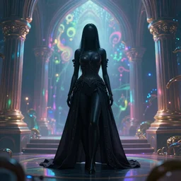 long Shot of psychedelic Black widow standing in mysterious chromatic astral temple  , stylish, lsd, soft, artstation, cinematic, artwork by WLOP
