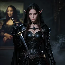 Portrait of a female Elf Rogue named \'Mistress of Death\', high fantasy, epic, black leather armor, detailed sensual face, pretty, dagger, darkness, chiaroscuro, smoke, by Leng Jun, by Leonardo Da Vinci, by Frank Franzzeta, trending, artstationHD, artstationHQ, cgsociety, octane, ultra HD, 8k