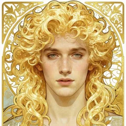 realistic detailed face portrait of merman blond androgynous prince Lucius, long fluffy curly blond hair, very very very very curly light golden blond hair, extremely pale blond hair, by Alphonse Mucha, Ayami Kojima, Amano, Charlie Bowater, Karol Bak, Greg Hildebrandt, Jean Delville, and Mark Brooks, Art Nouveau, Neo-Gothic, gothic, rich scintillating bright white gold colors