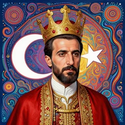 a turkish man with a tiny head becoming king of turkey, detailed, historically psychedelic drawing, amazing detail, small head, tiny head, trippy drawing