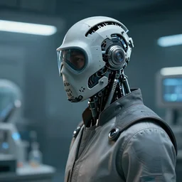 a half masked laboratory technician man seen from a distance, scifi character portrait by greg rutkowski, craig mullins, 1 / 4 headshot, cinematic lighting, dystopian scifi outfit, profile picture, mechanical, cyborg, half robot
