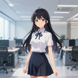 high tech corporate office, anime girl subject