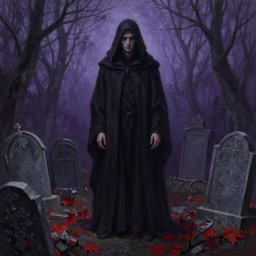 a painting of a mysterious man in cloak standing in a graveyard mausoleum, soft vaguely violet color, an ultrafine detailed painting by seb mckinnon, featured on cgsociety, gothic art, darksynth, dark and mysterious, ominous vibe, red leaves on the ground