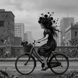 cityscape, dystopian, girl on a bicycle. black flowers in her hair. folk horror. great detail.