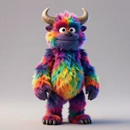 a highly detailed full body 3 d model of a multicolored furry monster with fuzzy horns, a character portrait by jim henson, concept art, character concept, behance contest winner, daz 3 d, cgsociety, octane, behance hd, vibrant, dark rainbow colored fur, deviantart colorful, centered, matte background