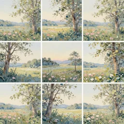 A collage of a beautiful landscape, delicate brushstrokes. peaceful & serene, with a gentle breeze blowing through the trees & flowers. colors are muted & gentle, calm & tranquility. well balanced & harmonious. color & composition, pleasing to the eye & calming to the soul. Classical by Stanley Donwood, by Harumi Hironaka lush