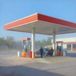 busy gas station, blue sky, summer morning, misty, a painting by kenton nelson