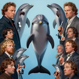 symmetrical - photo!! low - angle!! painting of a dolphin starring as the dude in the big lebowski, action - pose, dynamic - pose, full frame photograph, zeiss lens, intricate, elegant, highly detailed, centered, digital painting, artstation, concept art, smooth, sharp focus, illustration, artgerm, tomasz alen kopera, peter mohrbacher, donato giancola, joseph christian leyendecker, wlop, boris vallejo