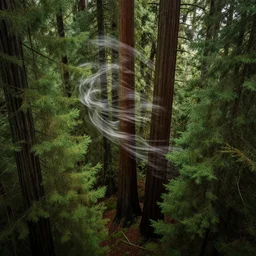 overhead view of redwood forest, swaying trees, windy, waves, rippling trees