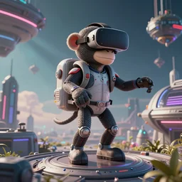 3D Ape with VR headset in a spaceship traveling in a vaporwave metaverse