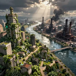 lost beautiful overgrown city and polluted industrial city separated by river futuristic doomsday