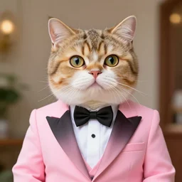 anthropomorphic cat wearing a pink tux in the style of zootopia