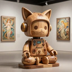3D , 8k octane render ultra photorealistic highly  hyperdetailed unreal engine a wooden sculpture ,art toys on feet ,very cute robot mystic with bird and cat ears zen meditation cyberpunk concept art ,trending on cgsociety ,artwork masterpiece , a on contemporary art gallery and néo Paris by Alphonse Mucha and Lego