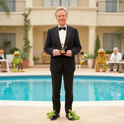 the muppets cast crowning steve carrel at a poorly made ceremony venue next to a hotel pool