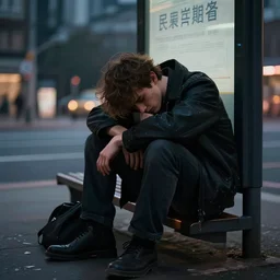 A stunning digital masterpiece of a drunk man, he is blacked out under a bus stop, artstation