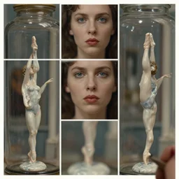 beautiful three point perspective film still of holly herndon in merce cunningham, closeup portrait in style of frontiers in blade runner miniature photography fashion architectural art studio edition, real - life porcelain statue in victorian glass jar, pursed lips, anatomically correct, pointe pose, tilt shift background, sharp focus, panavision, 8 k, macro, cinematic style, split screen