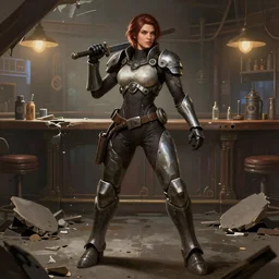 hyper detailed ultra sharp full body character portrait of a woman wearing hextech armor standing in a destroyed dive bar doing an action pose, with a realistically proportioned face, cinematic lighting, good value control, smooth, realistic shading, realistic face details, smooth, highly detailed, digital painting, painted texture maps, illustration, painted texture maps, substance painter