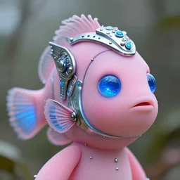 natural light, soft focus portrait of a cyberpunk anthropomorphic clown fish with soft synthetic pink skin, blue bioluminescent plastics, smooth shiny metal, elaborate ornate head piece, piercings, skin textures, by annie leibovitz, paul lehr